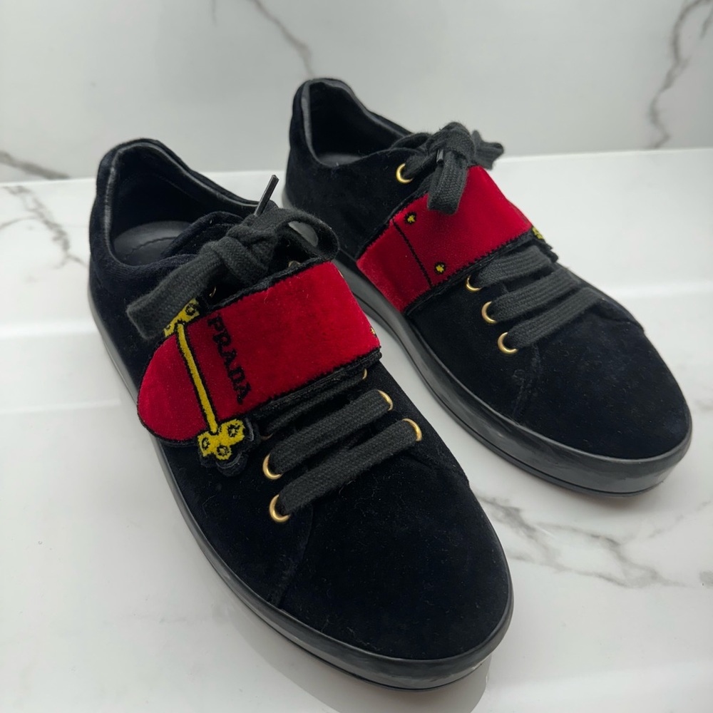 Prada black velvet grip strap logo sneakers